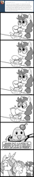 Size: 375x1920 | Tagged: safe, artist:madmax, lyra heartstrings, princess celestia, oc, oc:madmax, alicorn, pony, unicorn, madmax silly comic shop, g4, banana split, comic, female, mameshiba, mare, mind blown, monochrome, spoon