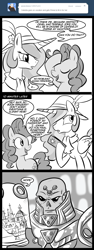 Size: 600x1600 | Tagged: safe, artist:madmax, pinkie pie, princess celestia, alicorn, alien, earth pony, pony, madmax silly comic shop, g4, brainiac, comic, crossover, female, hat, kandor, male, mare, monochrome, superman, the bottled city of kandor, you had one job, you had one job pinkie