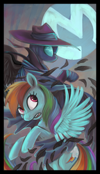 Size: 1300x2260 | Tagged: safe, artist:sharkie19, mare do well, rainbow dash, pegasus, pony, g4, clothes, costume, duo, female, hat, mare