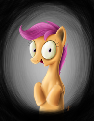 Size: 863x1105 | Tagged: safe, artist:melancholy, scootaloo, pegasus, pony, g4, abstract background, crazy face, creepy, evil scootaloo, faic, female, filly, solo