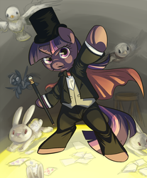 Size: 800x967 | Tagged: safe, artist:php27, derpy hooves, twilight sparkle, dove, pegasus, pony, rabbit, semi-anthro, g4, cape, card, clothes, female, magician, mare, moustache, top hat