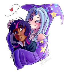 Size: 800x870 | Tagged: dead source, safe, artist:zobobafoozle, trixie, twilight sparkle, human, g4, dark skin, duo, female, horn, horned humanization, hug, humanized, lesbian, ship:twixie, shipping, simple background, white background
