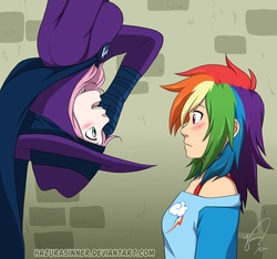 Size: 791x740 | Tagged: safe, artist:hazurasinner, fluttershy, mare do well, rainbow dash, human, g4, blushing, cute, eye contact, female, humanized, lesbian, looking at each other, male, open mouth, ship:flutterdash, shipping, smiling, spider-man, upside down, wide eyes