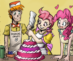 Size: 1000x833 | Tagged: safe, artist:johnjoseco, artist:michos, carrot cake, cup cake, pinkie pie, human, g4, apron, clothes, cute, female, heart, humanized, male, ship:carrot cup, shipping, straight
