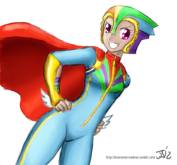 Size: 1280x1200 | Tagged: safe, artist:johnjoseco, artist:michos, rainbow dash, human, g4, cape, clothes, costume, female, humanized, simple background, solo, white background