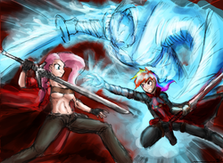 Size: 1100x807 | Tagged: safe, artist:johnjoseco, artist:michos, fluttershy, rainbow dash, human, g4, breasts, crossover, dante (devil may cry), devil may cry, devil may cry 3, devil may cry 4, duo, female, humanized, nero (devil may cry), sword, underboob, weapon