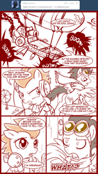 Size: 900x1600 | Tagged: safe, artist:madmax, soarin', spitfire, pegasus, pony, madmax silly comic shop, g4, airship, cannon, clothes, comic, drama bomb, explosion, female, floppy ears, glare, goggles, headphones, male, mare, monochrome, open mouth, pregnant, radio, scarf, ship:soarinfire, shipping, shocked, stallion, straight, tumblr, wide eyes