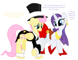 Size: 1546x1205 | Tagged: safe, artist:nun2artzy, fluttershy, rarity, pegasus, pony, unicorn, g4, clothes, crossdressing, cuffs (clothes), female, hat, high heels, lesbian, mare, saddle, ship:flarity, shipping, shoes, simple background, suit, top hat, transparent background