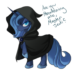 Size: 864x864 | Tagged: safe, artist:the-orator, princess luna, alicorn, pony, g4, cloak, clothes, colored pupils, female, hilarious in hindsight, hood, mare, raised hoof, s1 luna, simple background, sith, solo, star wars, transparent background, wayback machine source