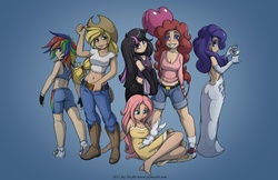 Size: 1224x792 | Tagged: safe, artist:jaynaylor, angel bunny, applejack, fluttershy, pinkie pie, rainbow dash, rarity, twilight sparkle, human, g4, :o, alcohol, ankles, applejack's hat, back, balloon, barefoot, beautiful, beautisexy, belly button, belt, blue background, blue eyes, book, boots, breasts, busty applejack, busty fluttershy, busty pinkie pie, choker, cleavage, clothes, cocktail glass, compression shorts, confident, cowboy boots, cowboy hat, cowgirl, dead eyes, denim shorts, dress, evening gloves, feet, female, fingerless gloves, freckles, gloves, goth, green eyes, grin, group, group photo, happy, hat, heart balloon, humanized, jeans, long gloves, looking at you, looking back, mane six, martini, midriff, multicolored hair, pants, pink eyes, pink hair, purple eyes, rainbow hair, sexy, shoes, shorts, simple background, sitting, skunk stripe, smiling, sneakers, socks, sports bra, sporty style, tank top
