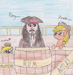 Size: 2457x2511 | Tagged: safe, artist:darkknighthoof, applejack, derpy hooves, earth pony, human, pegasus, pony, g4, barrel, crossover, female, high res, jack sparrow, male, mare, pirates of the caribbean, traditional art