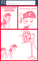 Size: 700x1100 | Tagged: safe, artist:madmax, twilight sparkle, pony, unicorn, madmax silly comic shop, g4, boasting, comic, electric fan, fan, female, frown, glare, mare, monochrome, open mouth, pun, raised eyebrow, raised hoof, solo