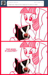 Size: 700x1100 | Tagged: safe, artist:madmax, twilight sparkle, pony, unicorn, madmax silly comic shop, g4, book, comic, couch, female, mare, reading, sitting, solo, twilight (series)