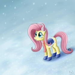 Size: 2000x2000 | Tagged: dead source, safe, artist:polkin, fluttershy, pegasus, pony, g4, clothes, earmuffs, female, high res, mare, mittens, saddle, scarf, snow, snowfall, solo, winter