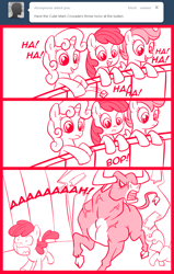 Size: 700x1100 | Tagged: safe, artist:madmax, apple bloom, scootaloo, sweetie belle, bull, earth pony, pegasus, pony, unicorn, madmax silly comic shop, g4, bully, bullying, comic, cutie mark crusaders, female, filly, laughing, panic, rampage, too dumb to live