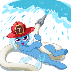 Size: 1000x1000 | Tagged: safe, artist:madmax, trixie, pony, unicorn, g4, bedroom eyes, clothes, female, fire hose, firefighter, firefighter helmet, firefighter trixie, hat, helmet, hose, innuendo, mare, on back, open mouth, open smile, smiling, solo, underwear, water, white underwear