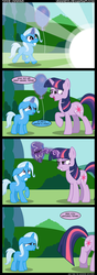 Size: 1029x2907 | Tagged: dead source, safe, artist:veggie55, trixie, twilight sparkle, pony, unicorn, g4, alternate timeline, balloon, balloon popping, comic, disproportionate retribution, female, filly, filly trixie, glowing, glowing horn, horn, magic, mare, origins, party balloon, popping, telekinesis, time travel, trixiebuse, trollight sparkle, twibitch sparkle, unicorn twilight, younger