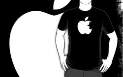 Size: 556x350 | Tagged: safe, artist:animayhem, applejack, human, g4, animayhem, apple, apple (company), black background, clothes, food, monochrome, redbubble, shirt, simple background, solo