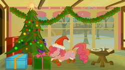 Size: 1920x1080 | Tagged: safe, artist:gratlofatic, pinkie pie, earth pony, pony, g4, christmas, christmas tree, clothes, cookie, female, food, hat, indoors, letter, mare, milk, present, santa hat, sleeping, snow, snowfall, socks, solo, table, tree, vector, wallpaper