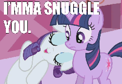 Size: 640x444 | Tagged: safe, edit, edited screencap, screencap, rarity, twilight sparkle, pony, unicorn, g4, season 1, the ticket master, animated, artifact, duo, female, floppy ears, gif, image macro, imma snuggle you, it's happened and now we can't stop it, mare, meme, meme origin, origins, snuggling, unicorn twilight