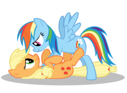 Size: 11000x8000 | Tagged: safe, artist:gratlofatic, applejack, rainbow dash, earth pony, pegasus, pony, g4, absurd resolution, eye contact, female, lesbian, looking at each other, mare, on back, ship:appledash, shipping, simple background, transparent background, vector