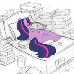 Size: 1278x1280 | Tagged: safe, artist:zajice, twilight sparkle, pony, unicorn, g4, bed, book, butt, female, mare, on side, partial color, pile, plot, sketch, sleeping, solo, that pony sure does love books
