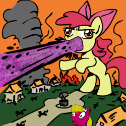 Size: 945x945 | Tagged: safe, artist:megasweet, apple bloom, lily, lily valley, earth pony, pony, g4, energy blast, female, filly, macro, mare, monster, rearing, well