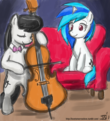 Size: 909x1000 | Tagged: safe, artist:johnjoseco, artist:michos, dj pon-3, octavia melody, vinyl scratch, earth pony, pony, unicorn, g4, cello, chair, duo, female, mare, musical instrument, sitting