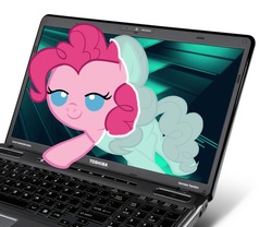 Size: 2400x2000 | Tagged: safe, artist:beavernator, pinkie pie, earth pony, pony, g4, baby, baby pie, baby pony, computer, cute, diapinkes, female, filly, foal, fourth wall, high res, laptop computer, lidded eyes, solo, toshiba