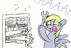 Size: 582x400 | Tagged: safe, artist:conicer, derpy hooves, pegasus, pony, derpibooru, 503, aaaaaaaaaa, animated, bipedal, computer, derpy hooves tech support, dialogue, female, frown, gif, hoof hold, http status code, loop, mare, meta, no pupils, open mouth, percussive maintenance, screaming, server, simple background, solo, sparks, spread wings, technical difficulties, tongue out, white background, wide eyes, wings, wrench
