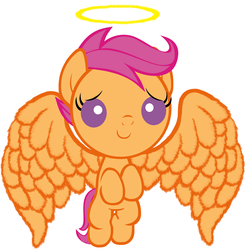 Size: 2520x2560 | Tagged: safe, artist:beavernator, scootaloo, angel, pegasus, pony, g4, baby, baby pony, baby scootaloo, female, filly, foal, halo, high res, hilarious in hindsight, large wings, simple background, solo, white background