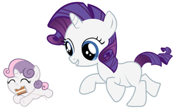 Size: 4200x2600 | Tagged: safe, artist:beavernator, rarity, sweetie belle, pony, unicorn, g4, baby, baby belle, baby pony, duo, female, filly, foal, running, simple background, spool, white background
