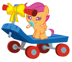 Size: 3352x2880 | Tagged: safe, artist:beavernator, scootaloo, pegasus, pony, g4, baby, baby pony, baby scootaloo, bow, cute, cutealoo, daaaaaaaaaaaw, diaper, female, foal, happy birthday, high res, pacifier, scootalove, scooter, simple background, sitting, solo, white background