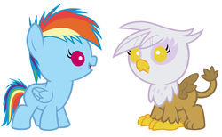 Size: 2340x1440 | Tagged: safe, artist:beavernator, gilda, rainbow dash, griffon, pegasus, pony, g4, baby, baby dash, baby gilda, baby pony, chick, chickub, cub, duo, female, filly, foal, simple background, white background, younger