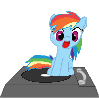 Size: 200x200 | Tagged: safe, artist:tomdantherock, rainbow dash, pegasus, pony, animated, cute, daaaaaaaaaaaw, dashabetes, female, filly, gif, gif for breezies, loop, open mouth, picture for breezies, record player, simple background, sitting, smiling, solo, spinning, transparent background, turntable, turntable pony