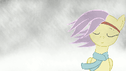 Size: 1280x720 | Tagged: dead source, safe, artist:mattatatta, fluttershy, pegasus, pony, survivor shy, g4, alternate hairstyle, animated, blizzard, calm, clothes, eyes closed, female, gif, headband, mare, scarf, smiling, snow, snowfall, solo, wind, windswept mane
