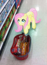 Size: 830x1152 | Tagged: safe, artist:ludiculouspegasus, fluttershy, pegasus, pony, g4, female, irl, mare, photo, ponies in real life, shopping, shopping basket, solo