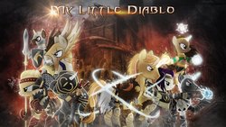 Size: 1191x670 | Tagged: dead source, safe, artist:mackaged, earth pony, pony, unicorn, armor, diablo (series), diablo iii, female, male, mare, ponified, shield, spear, stallion, sword, weapon