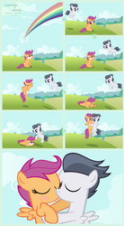 Size: 1920x3484 | Tagged: safe, artist:adcoon, rumble, scootaloo, pegasus, pony, g4, colt, comic, female, filly, foal romance, kiss on the lips, kissing, male, no dialogue, scootaloo can't fly, ship:rumbloo, shipping, show accurate, straight