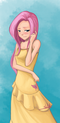 Size: 900x1825 | Tagged: safe, artist:shtut, fluttershy, human, g4, bare shoulders, blushing, clothes, dress, female, flattershy, gradient background, humanized, skinny, solo, thin