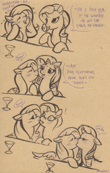 Size: 759x1192 | Tagged: safe, artist:mumbles, fluttershy, rarity, pegasus, pony, unicorn, g4, blushing, boop, cocktail glass, comic, duo, female, kiss on the lips, kissing, lesbian, mare, monochrome, ship:flarity, shipping