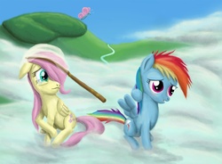 Size: 1500x1103 | Tagged: safe, artist:fox-moonglow, fluttershy, rainbow dash, butterfly, pegasus, pony, g4, butterfly net, cloud, crying, duo, female, filly, filly fluttershy, filly rainbow dash, foal, net, on a cloud, younger