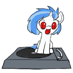 Size: 440x440 | Tagged: safe, artist:valcron, dj pon-3, vinyl scratch, pony, unicorn, derpibooru, g4, animated, female, filly, gif, loop, meta, red eyes, simple background, sitting, solo, spinning, transparent background, turntable, turntable pony, wrong eye color, younger