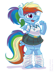 Size: 675x900 | Tagged: safe, artist:1trick, artist:zinnthos, rainbow dash, anthro, unguligrade anthro, g4, adorkable, clothes, cute, dork, female, glasses, leg warmers, mare, meganekko, nerd, open mouth, rainbow dork, simple background, skirt, smiling, solo, white background