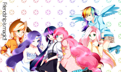 Size: 1300x780 | Tagged: safe, artist:lamidien, applejack, fluttershy, pinkie pie, rainbow dash, rarity, twilight sparkle, human, g4, abstract background, clothes, dress, female, horn, horned humanization, humanized, jacket, mane six, suspenders, sweatband, sweatershy, winged humanization