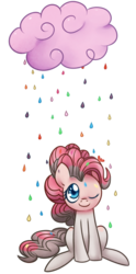 Size: 473x956 | Tagged: safe, artist:solar-slash, pinkie pie, earth pony, pony, g4, cloud, female, mare, one eye closed, rain, simple background, sitting, smiling, solo, transparent background