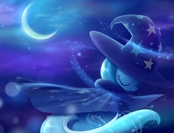 Size: 973x749 | Tagged: dead source, safe, artist:misteelala, trixie, pony, unicorn, g4, clothes, crescent moon, eyes closed, female, hat, magic, mare, moon, rear view, robe, smiling, solo, transparent moon, trixie's cape, trixie's hat