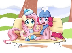 Size: 2040x1500 | Tagged: safe, artist:solar-slash, fluttershy, pinkie pie, earth pony, pegasus, pony, g4, :d, bench, clothes, duo, female, happy, hat, looking at you, mare, prone, scarf, sitting, snow, snowfall, winter