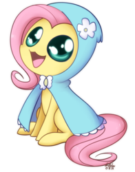 Size: 608x774 | Tagged: safe, artist:solar-slash, fluttershy, pegasus, pony, g4, secret of my excess, cape, chibi, clothes, cute, female, filly, hood, hooded cape, simple background, sitting, taffeta cape, transparent background