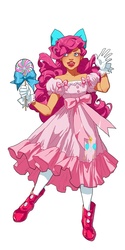 Size: 500x1000 | Tagged: safe, artist:lettiebobettie, pinkie pie, human, g4, candy, clothes, dress, female, food, gloves, humanized, lollipop, name, ribbon, simple background, solo, white background